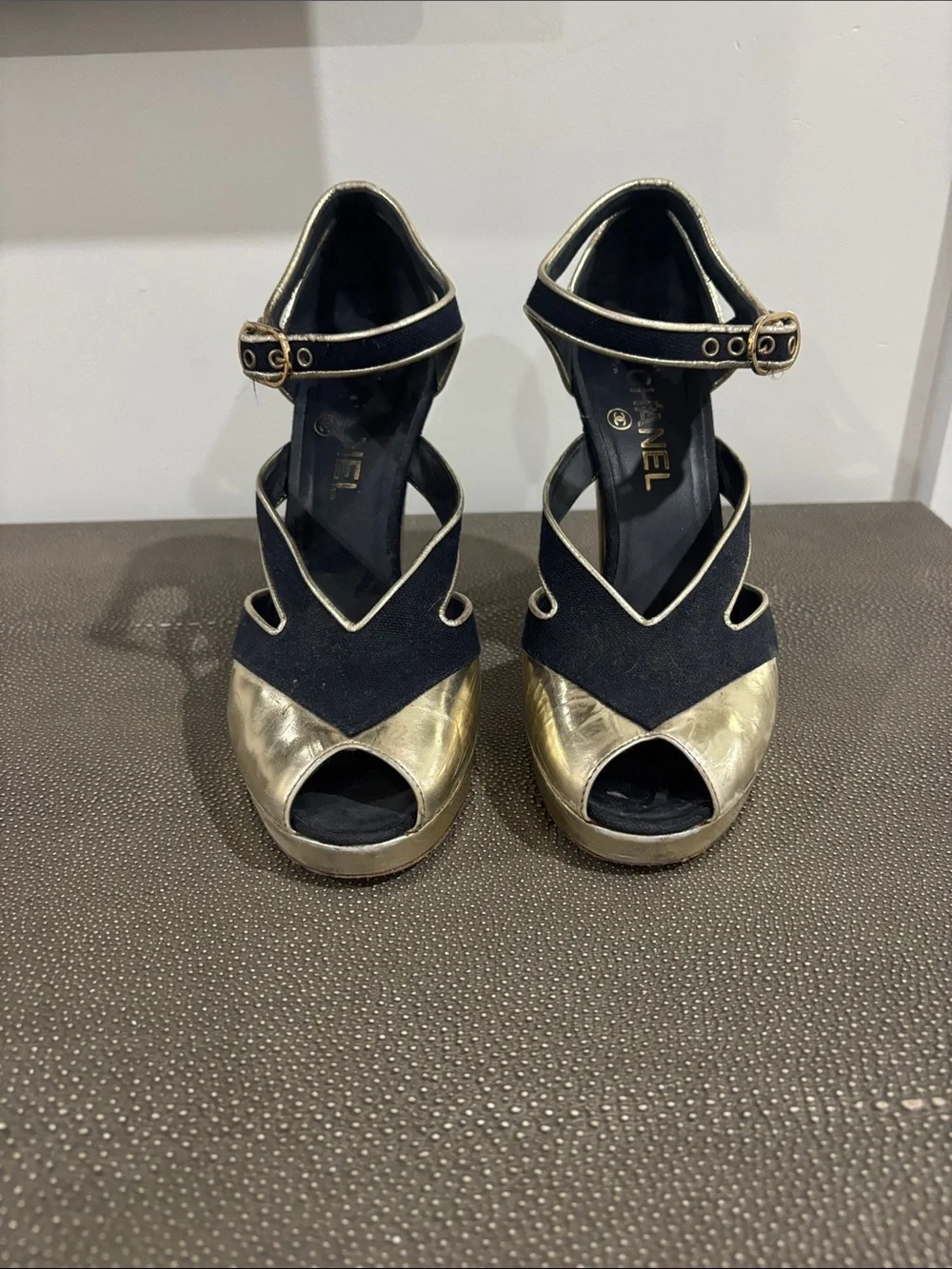 CHANEL Black and Gold Peep-Toe Platform Heels with Ankle Strap